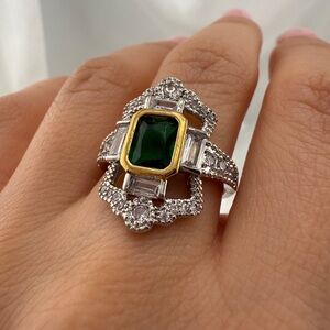 Vintage Silver and Gold Color Green Gemstone Ring